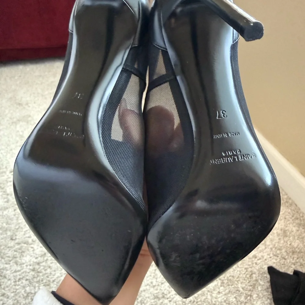 Saint Laurent Black Pointed Satin Pumps with Gold Insole Logo - Picture 6 of 7